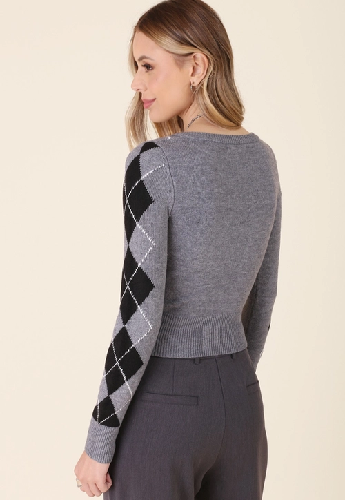 Blusa Cropped Com Xadrez Argyle Em Tricô