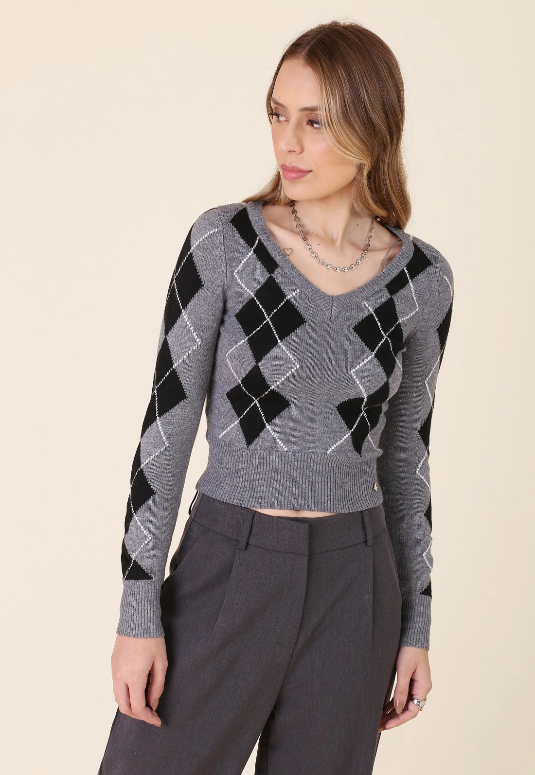 Blusa Cropped Com Xadrez Argyle Em Tricô