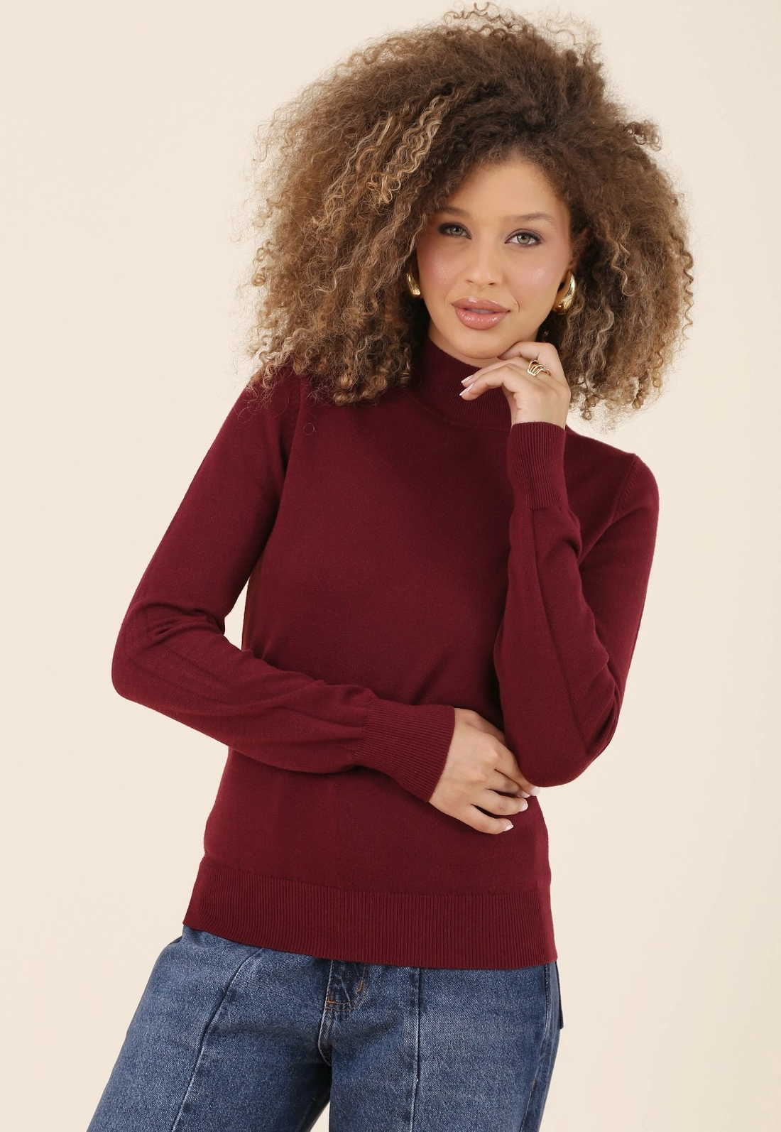 Blusa Tricô Manga Longa Gola Alta