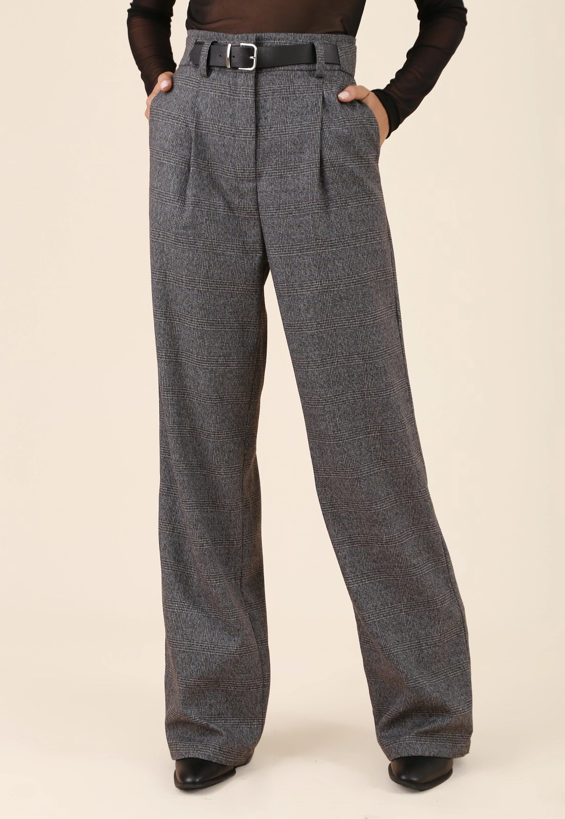 Calça Wide Leg Xadrez Em Alfaiataria