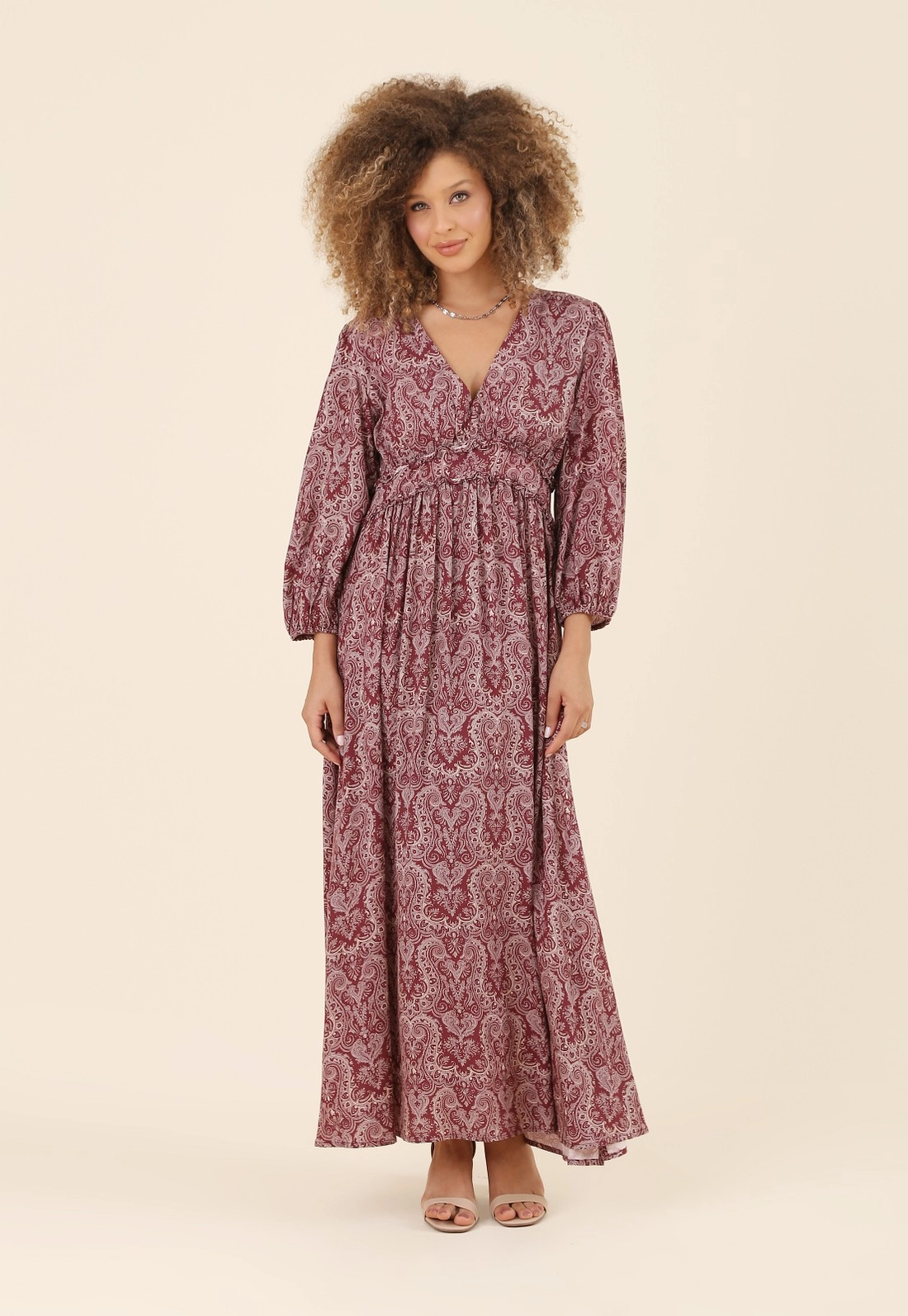 Vestido Midi Manga Longa Com Estampa Caschemere Em Viscose