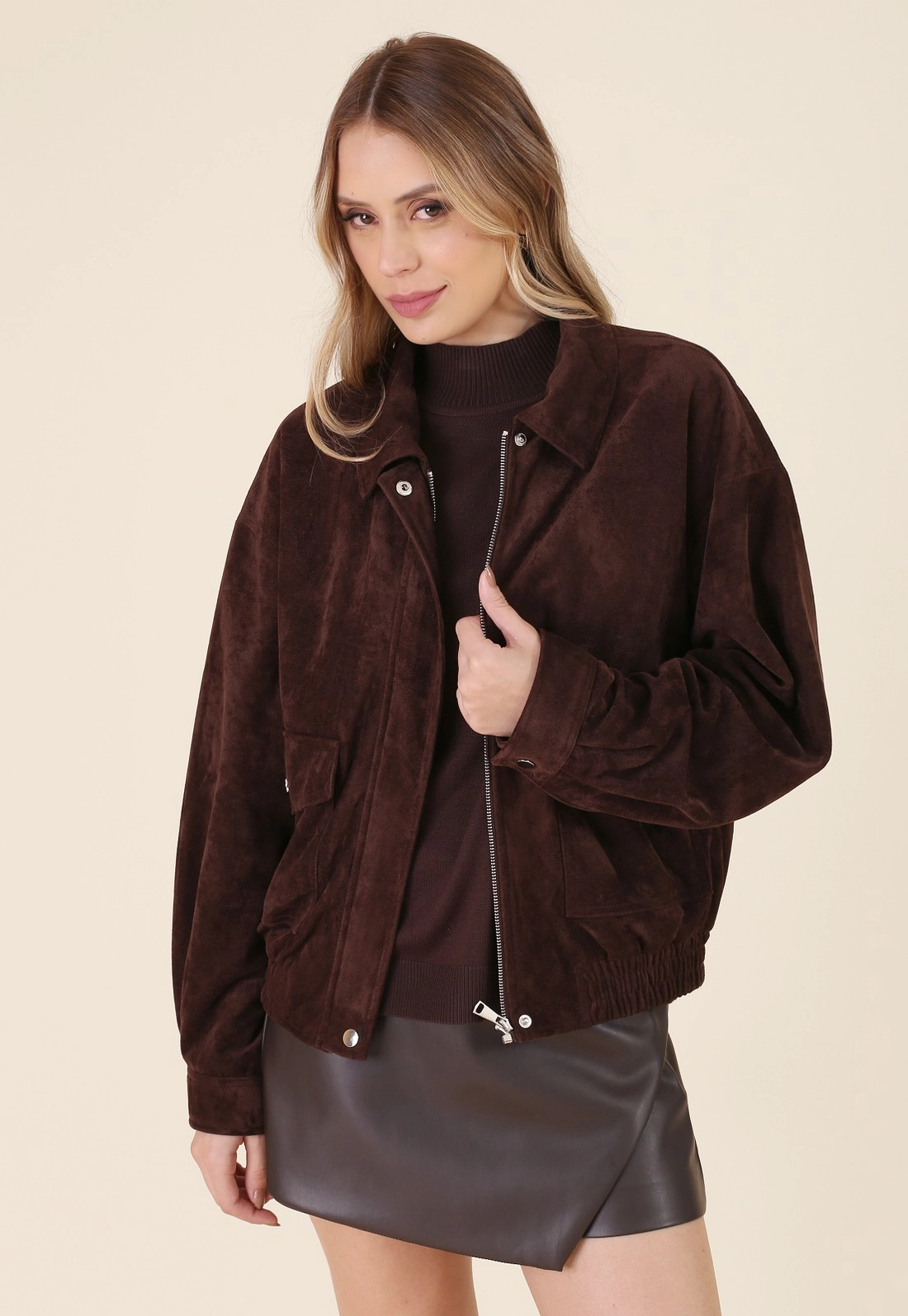 Jaqueta Oversized Barra Elástico Em Suede