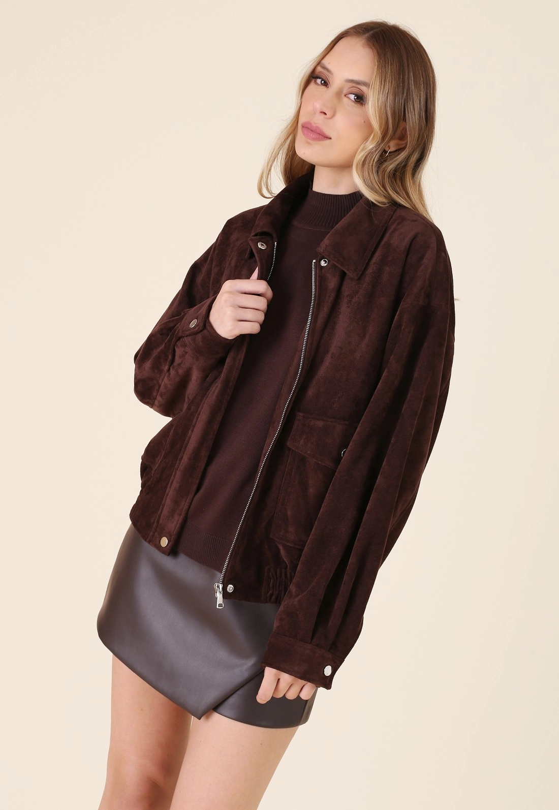 Jaqueta Oversized Barra Elástico Em Suede