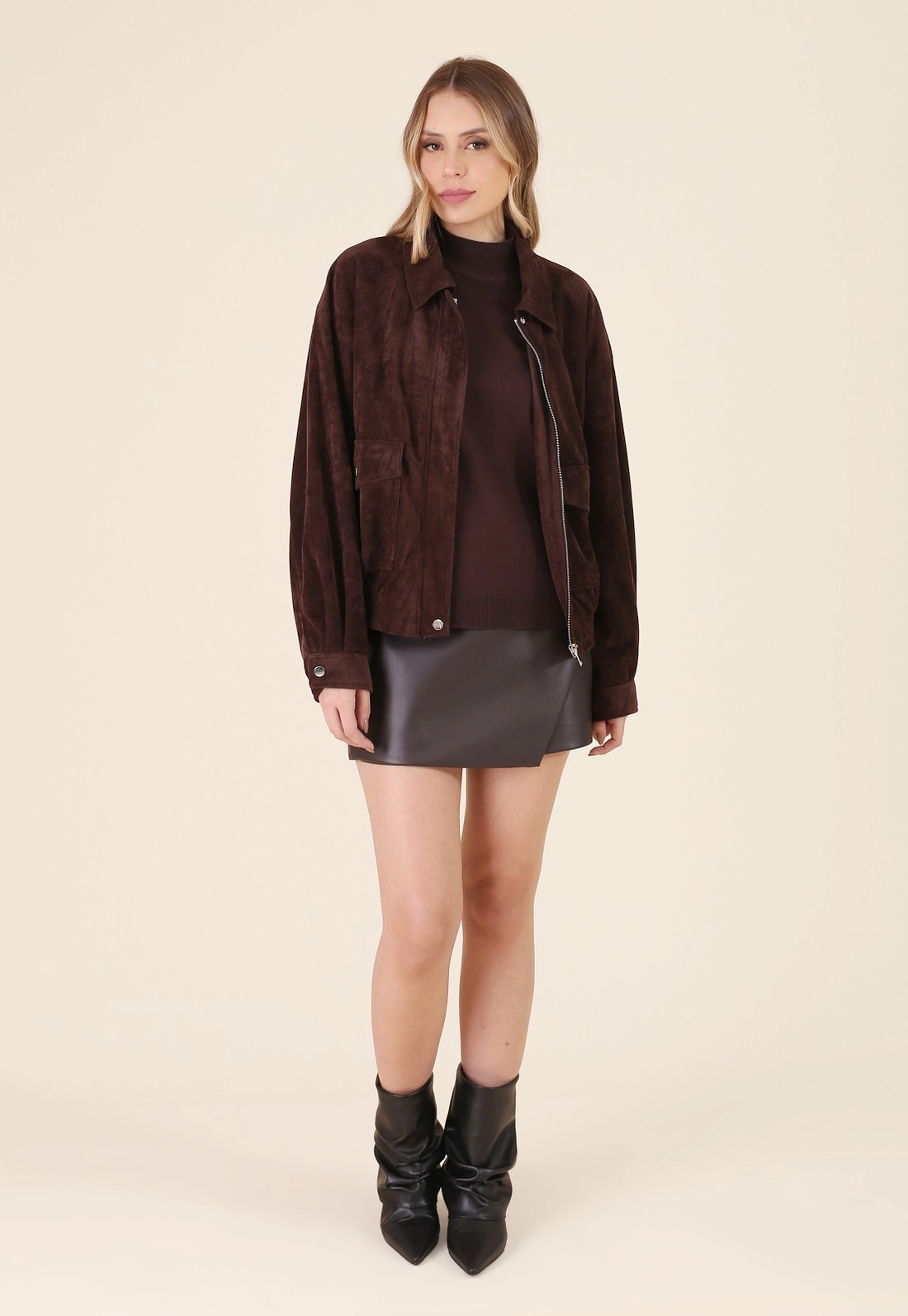 Jaqueta Oversized Barra Elástico Em Suede