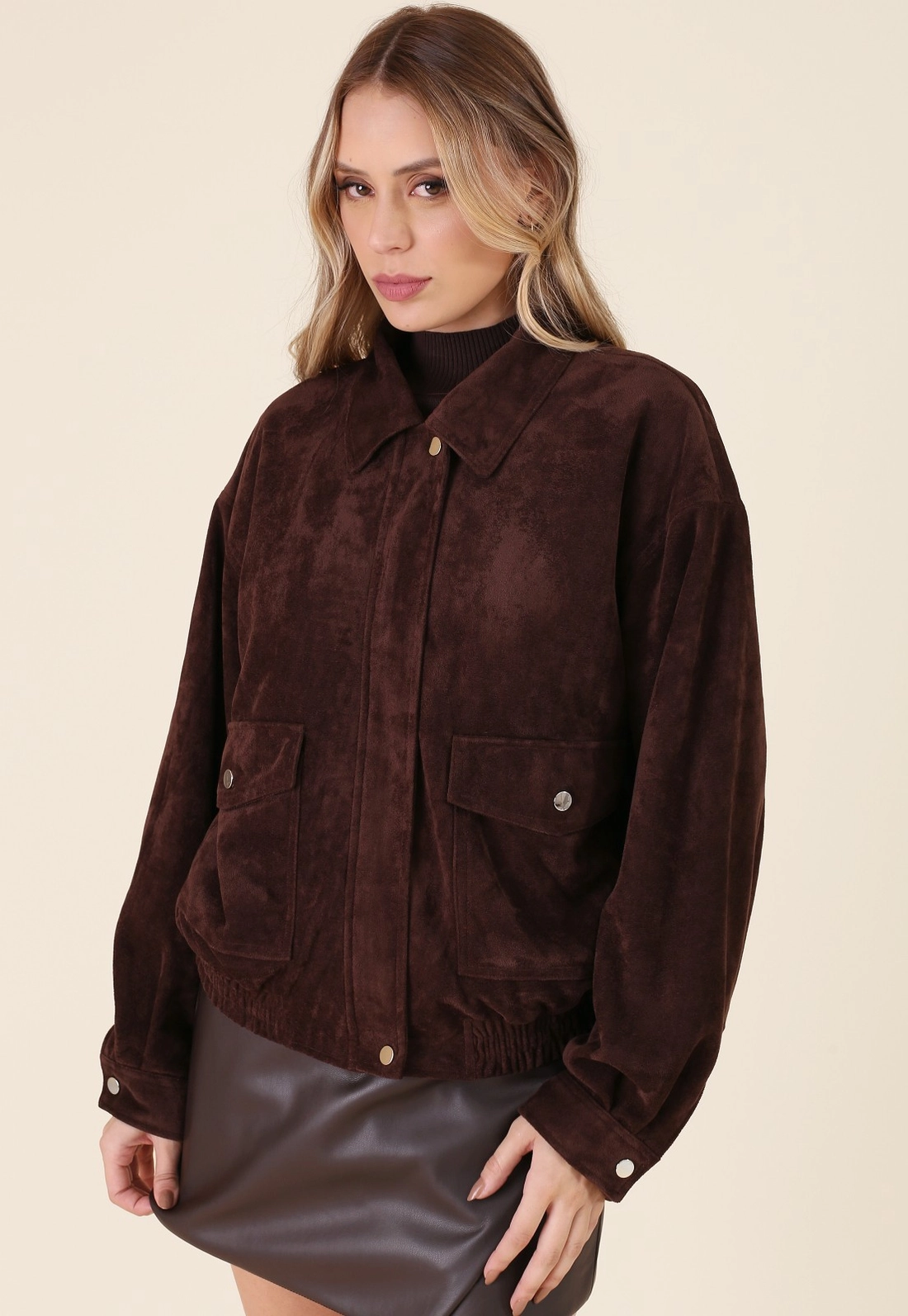 Jaqueta Oversized Barra Elástico Em Suede