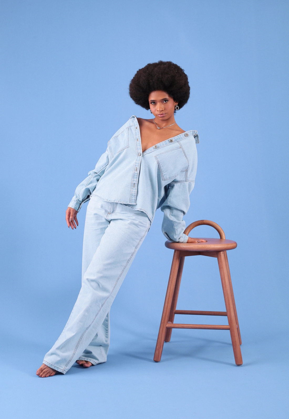 Calça Reta Em Jeans Azul Claro