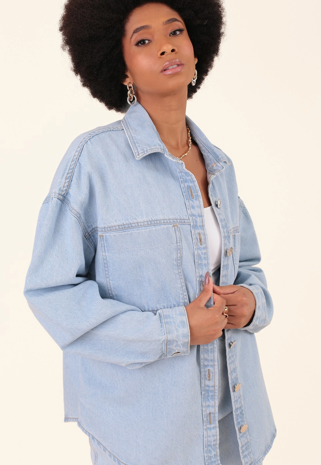 Camisa Oversized Em Jeans Azul Claro