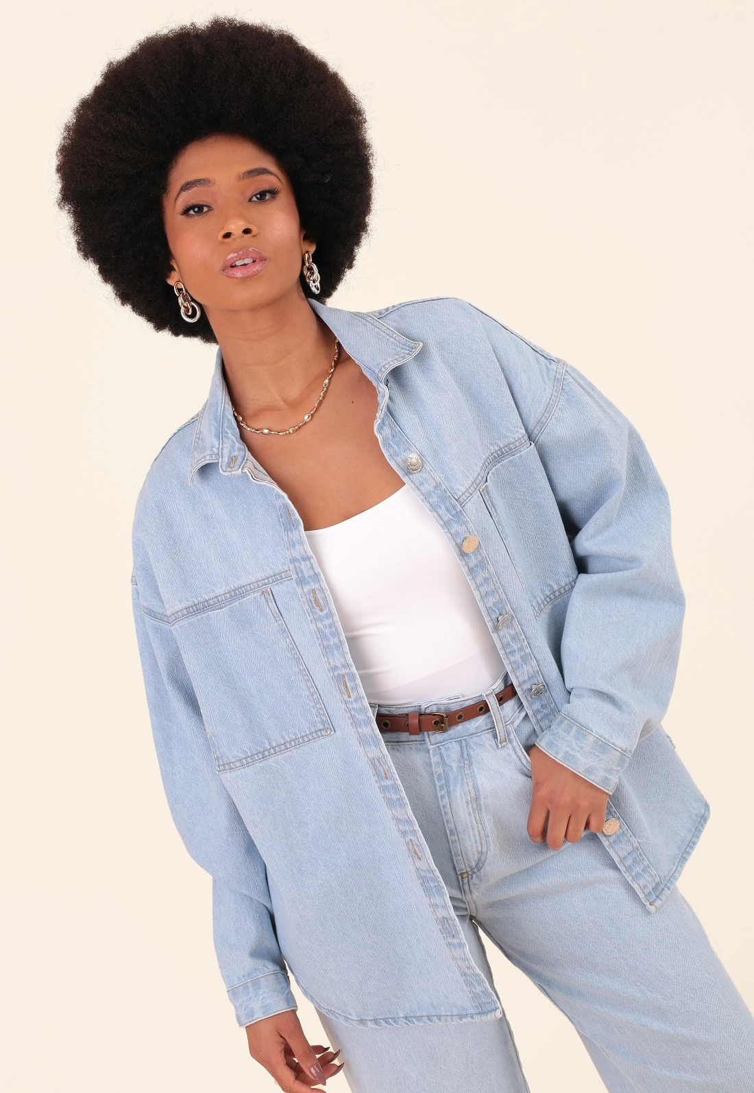 Camisa Oversized Em Jeans Azul Claro