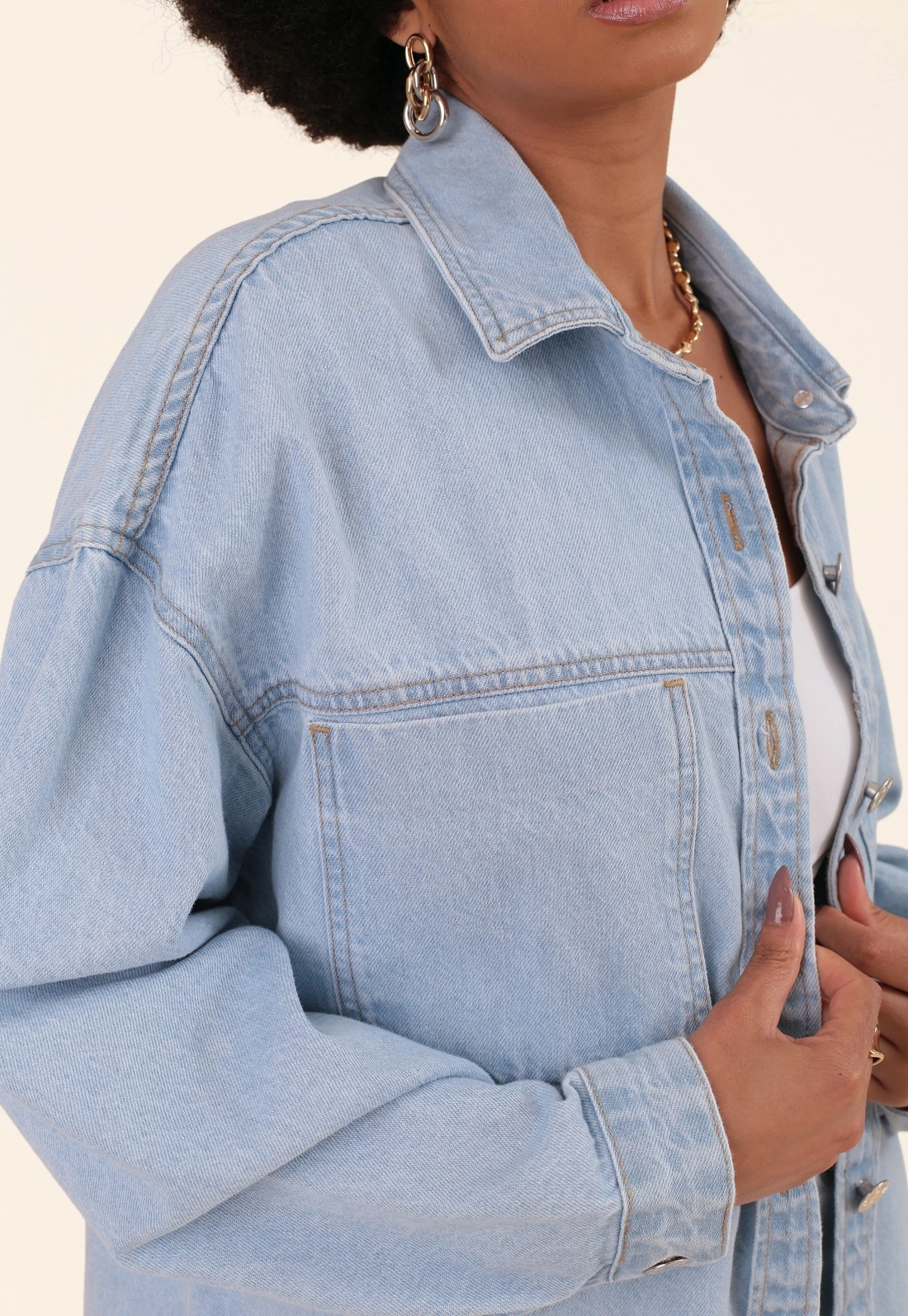 Camisa Oversized Em Jeans Azul Claro