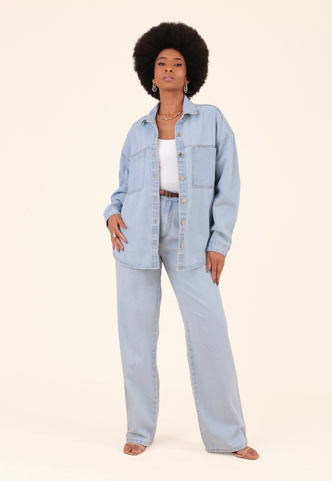 Camisa Oversized Em Jeans Azul Claro