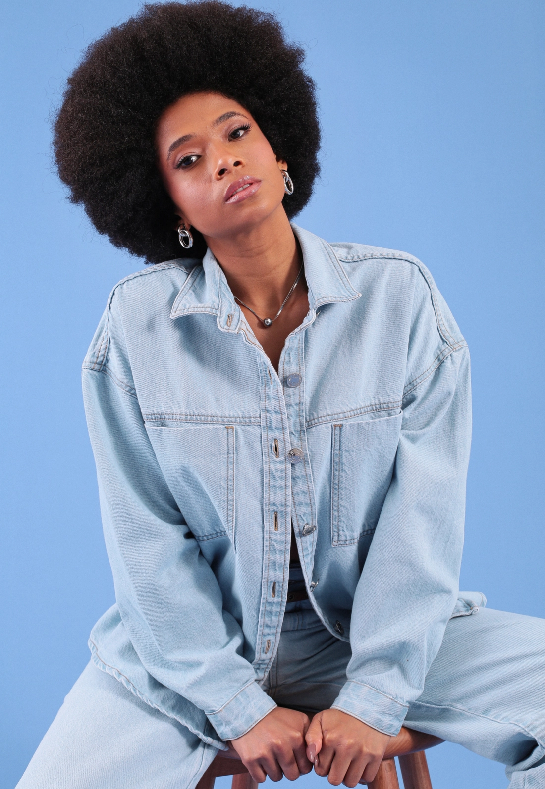 Camisa Oversized Em Jeans Azul Claro