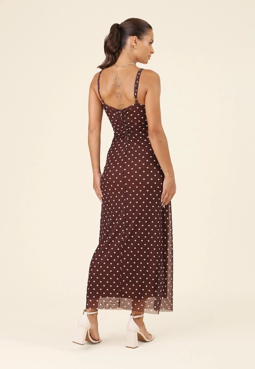 Vestido Midi Em Tule Poá Cocoa Alça Franzido Lateral