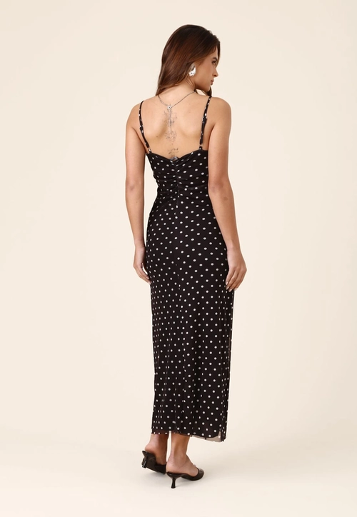 Vestido Midi Em Tule Poá Cocoa Alça Franzido Lateral