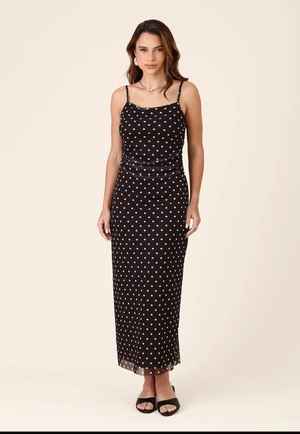 Vestido Midi Em Tule Poá Cocoa Alça Franzido Lateral