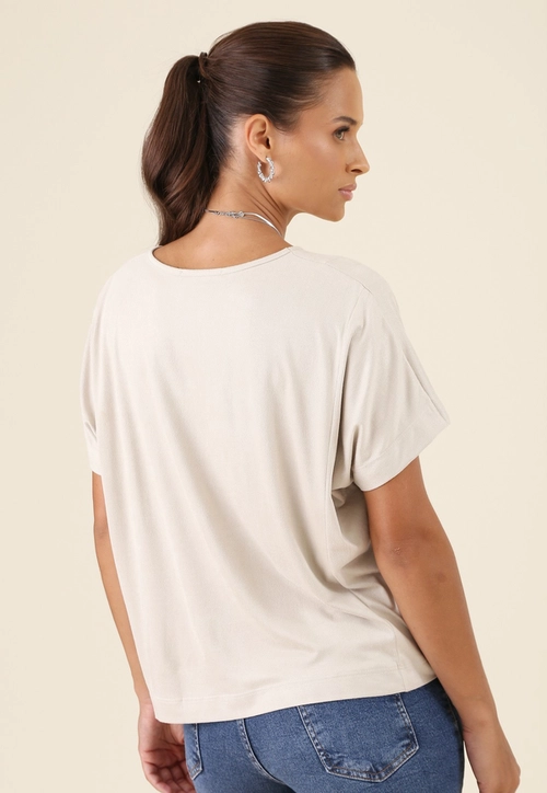 Blusa Manga Curta Em Suede Com Recortes