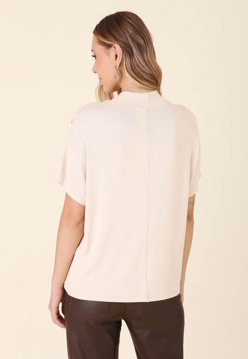 Blusa Manga Curta Em Malha Tricot Gola Alta Botões