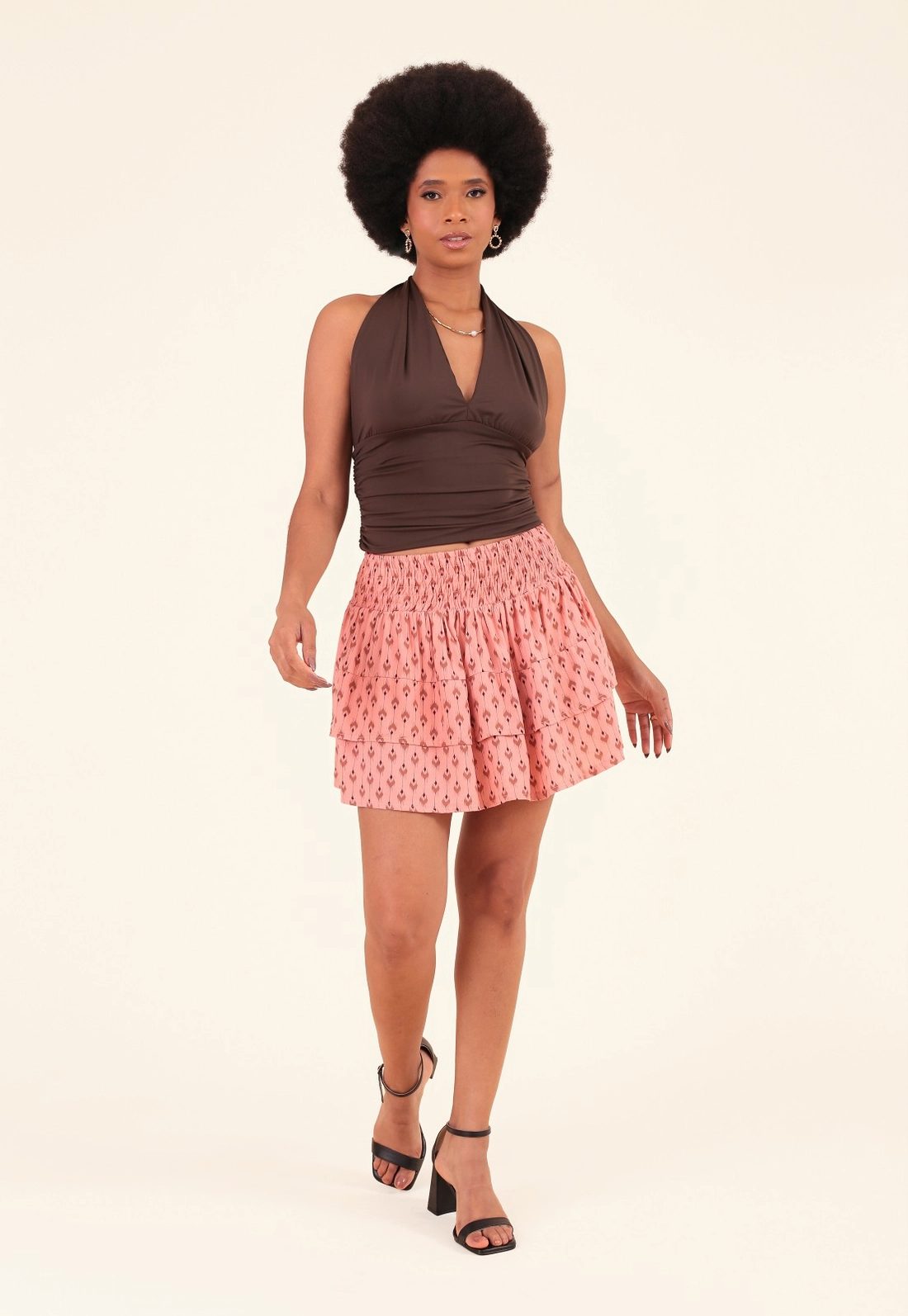Saia Curta Em Viscose Estampada Étnico Folk Cós Elastex
