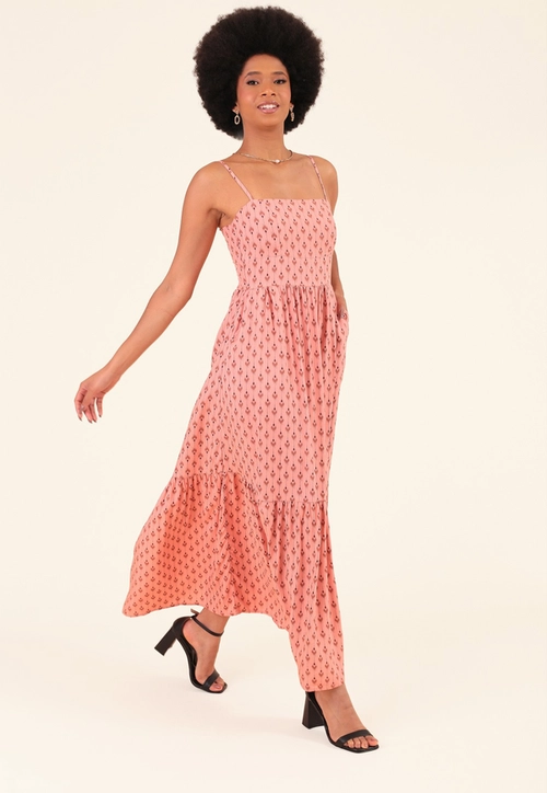 Vestido Midi Em Viscose Étnico Folk Alça Bolso