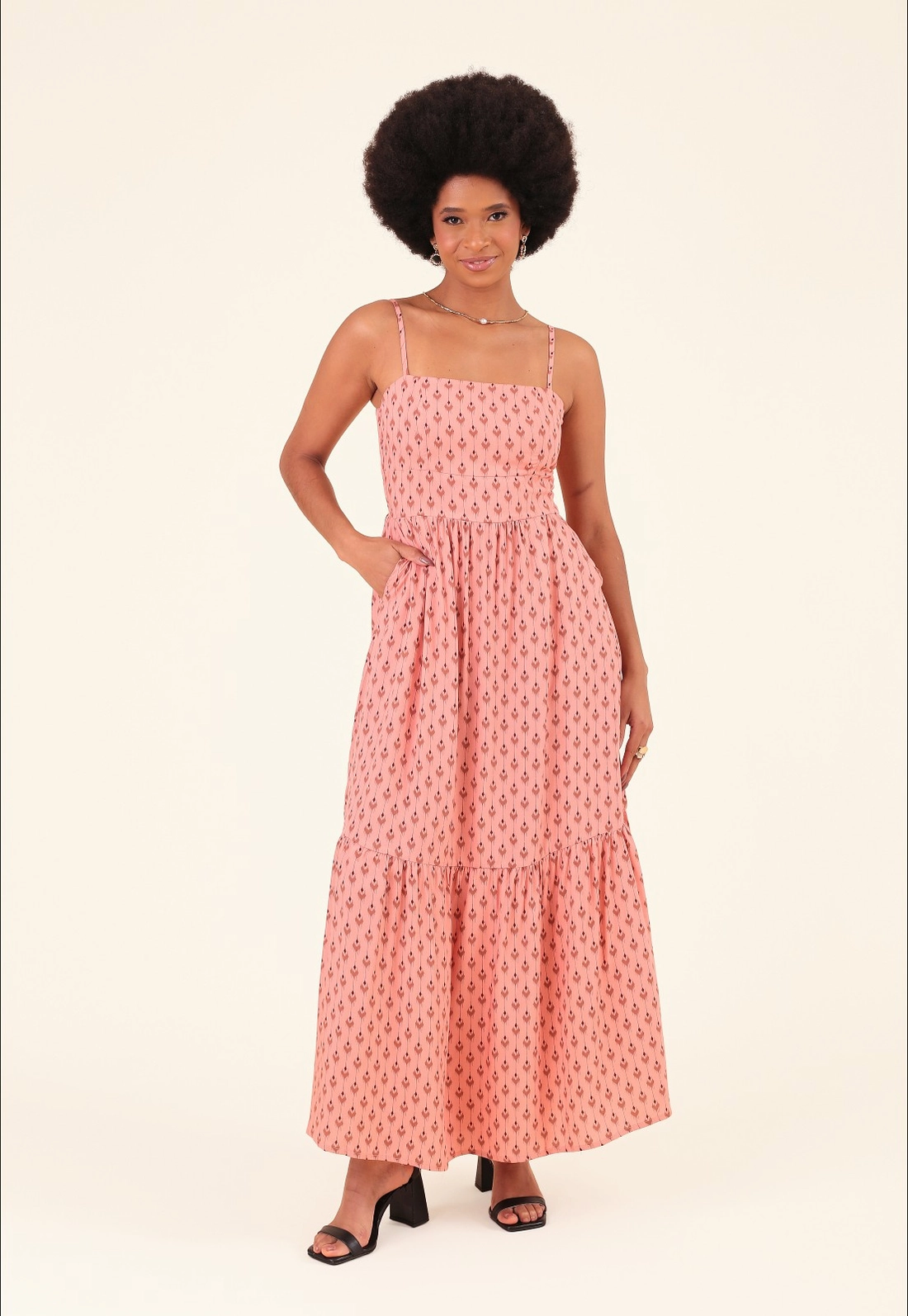Vestido Midi Em Viscose Étnico Folk Alça Bolso