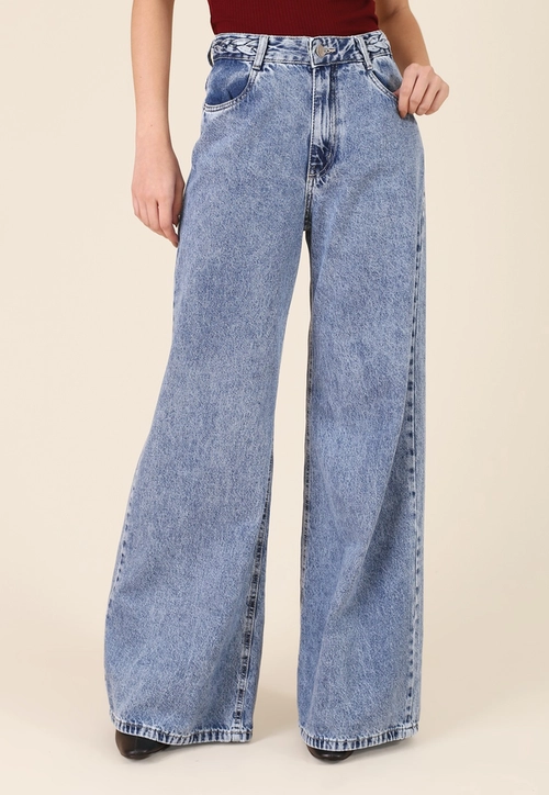 Calça Jeans Wide Leg Com Trança No Cós
