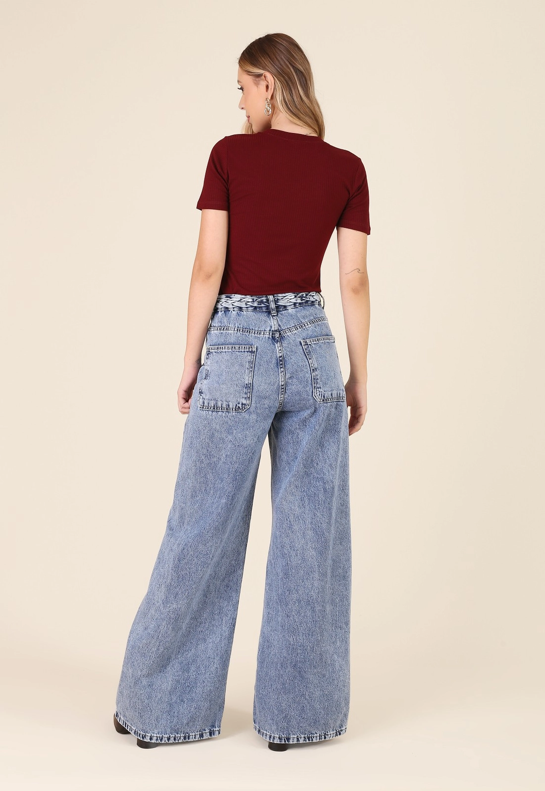 Calça Jeans Wide Leg Com Trança No Cós