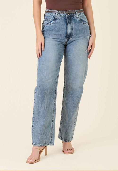 Calça Jeans Mom Com Cinto Azul Médio