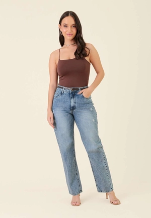 Calça Jeans Mom Com Cinto Azul Médio