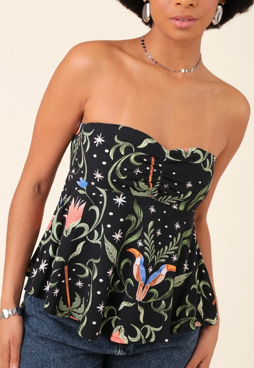Blusa Em Viscose Estampada Tucano Tropical Com Decote Reto