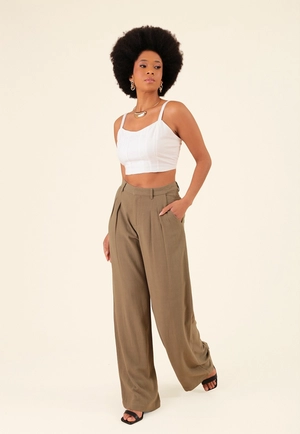 Calça Pantalona Em Linho Bolso Faca