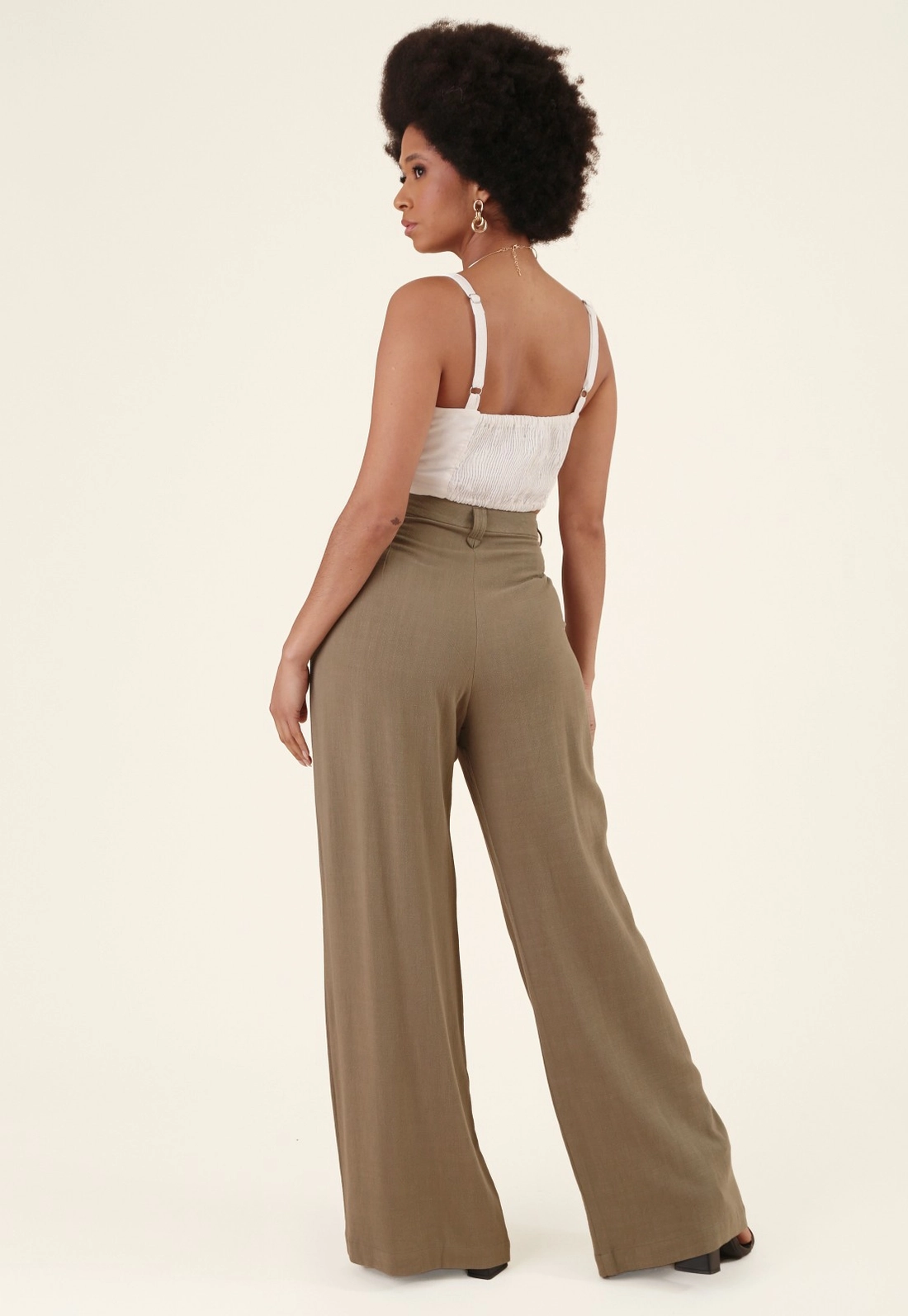 Calça Pantalona Em Linho Bolso Faca