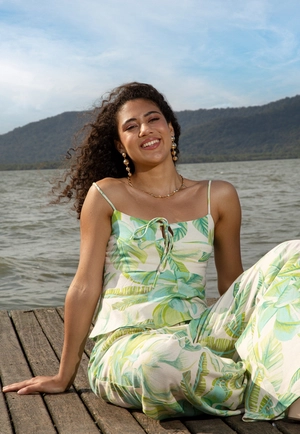 Blusa Alça Em Linho Estampada Flor da Ilha