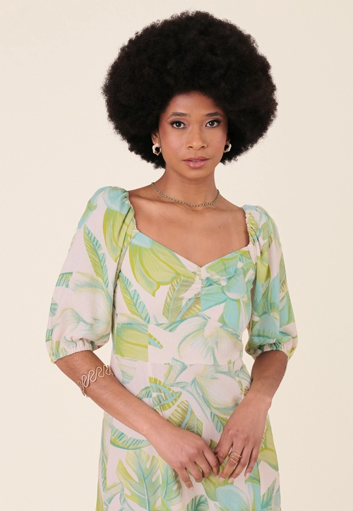 Vestido Midi Manga Curta Em Linho Estampada Flor da Ilha