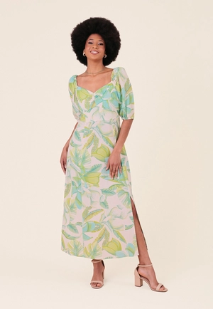 Vestido Midi Manga Curta Em Linho Estampada Flor da Ilha