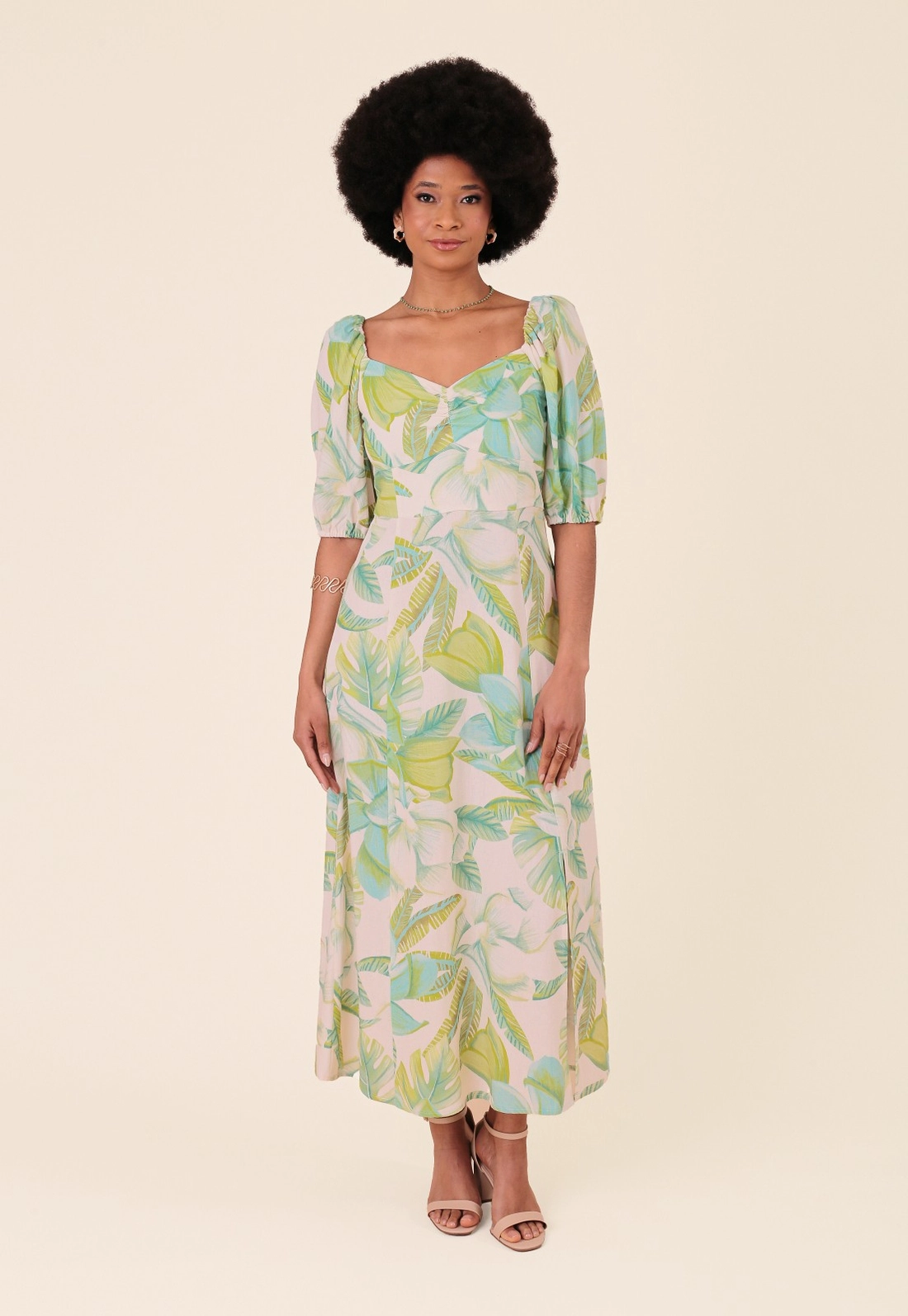 Vestido Midi Manga Curta Em Linho Estampada Flor da Ilha