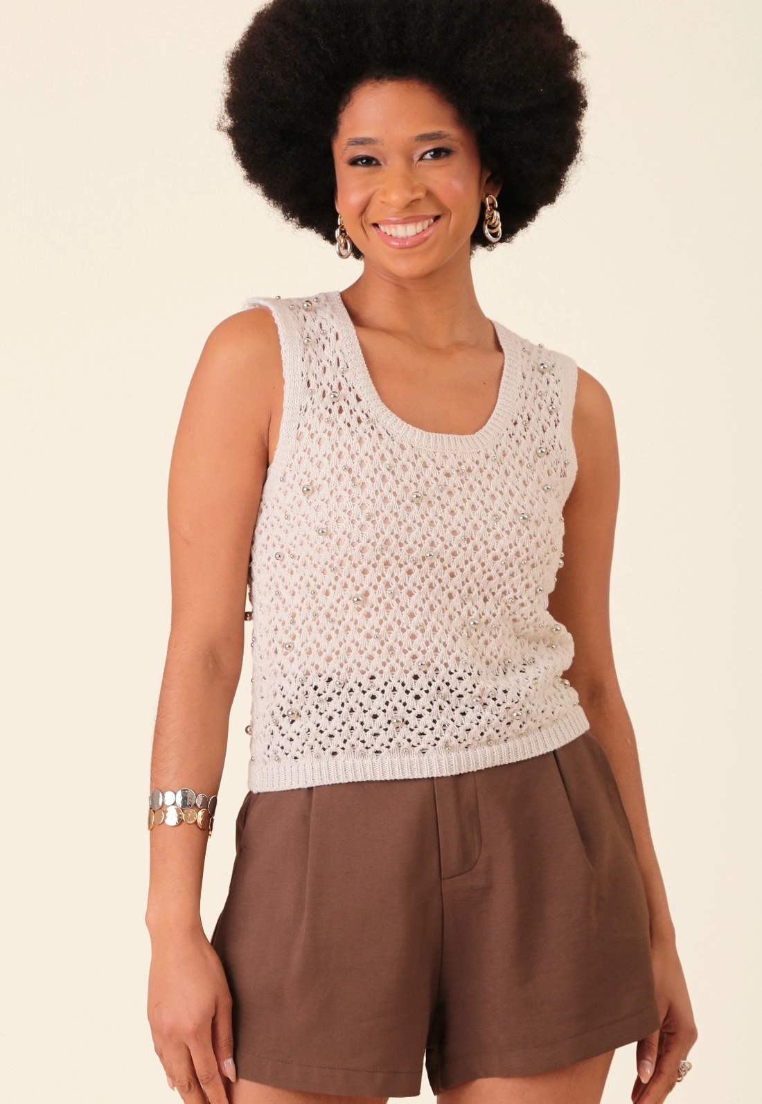 Blusa Em Tricô Vazada Com Aplicação