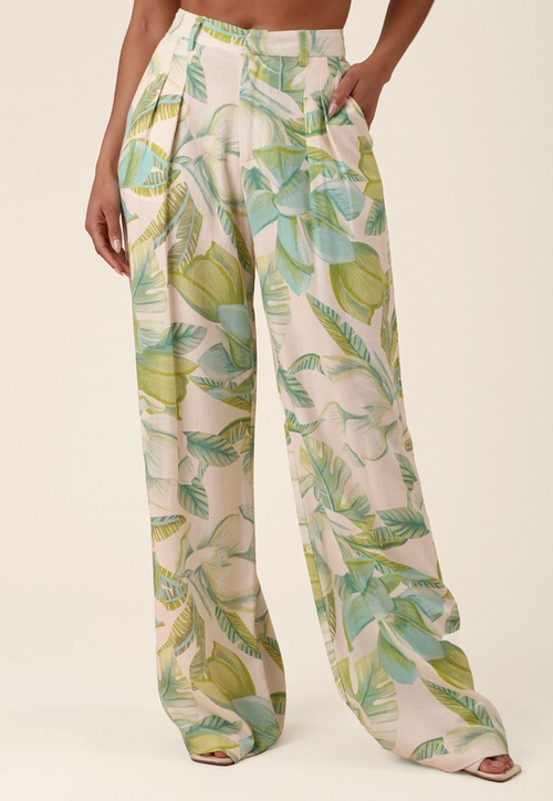 Calça Pantalona Em Linho Estampada Flor da Ilha