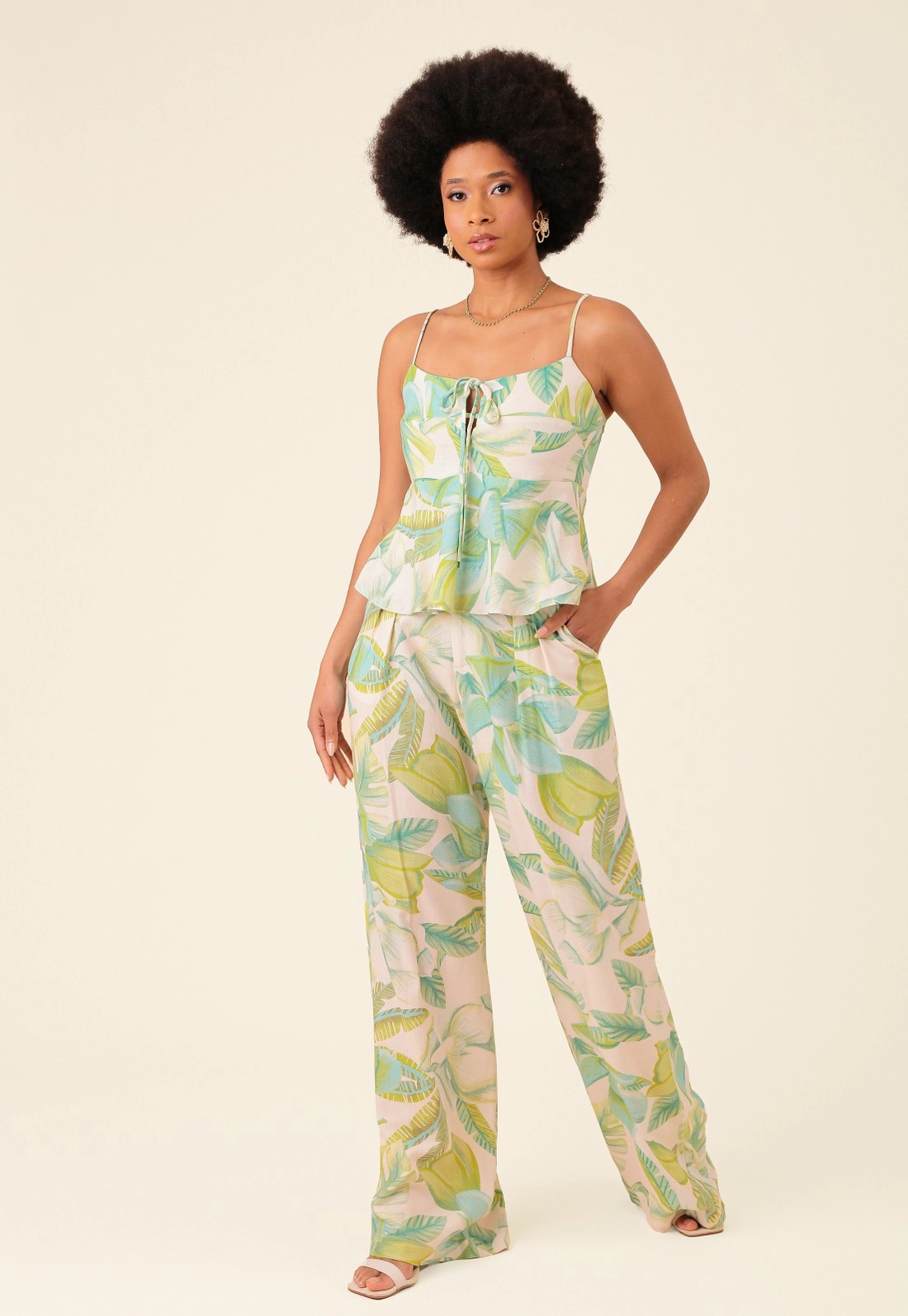 Calça Pantalona Em Linho Estampada Flor da Ilha