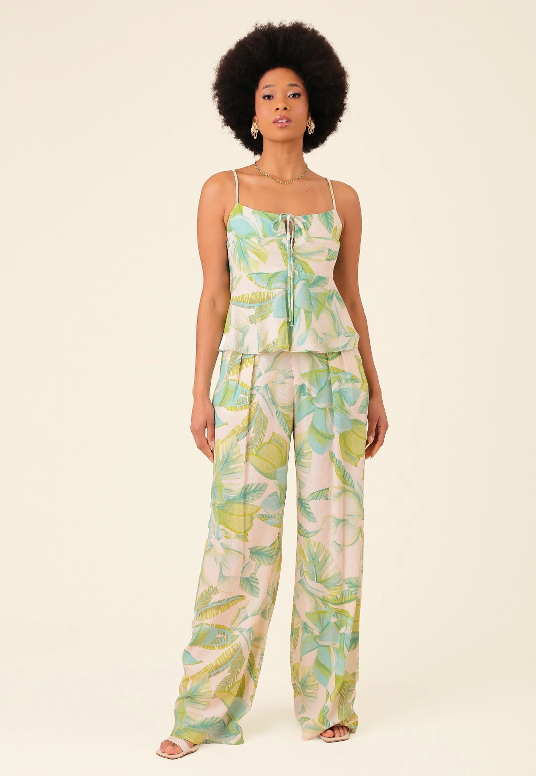 Calça Pantalona Em Linho Estampada Flor da Ilha