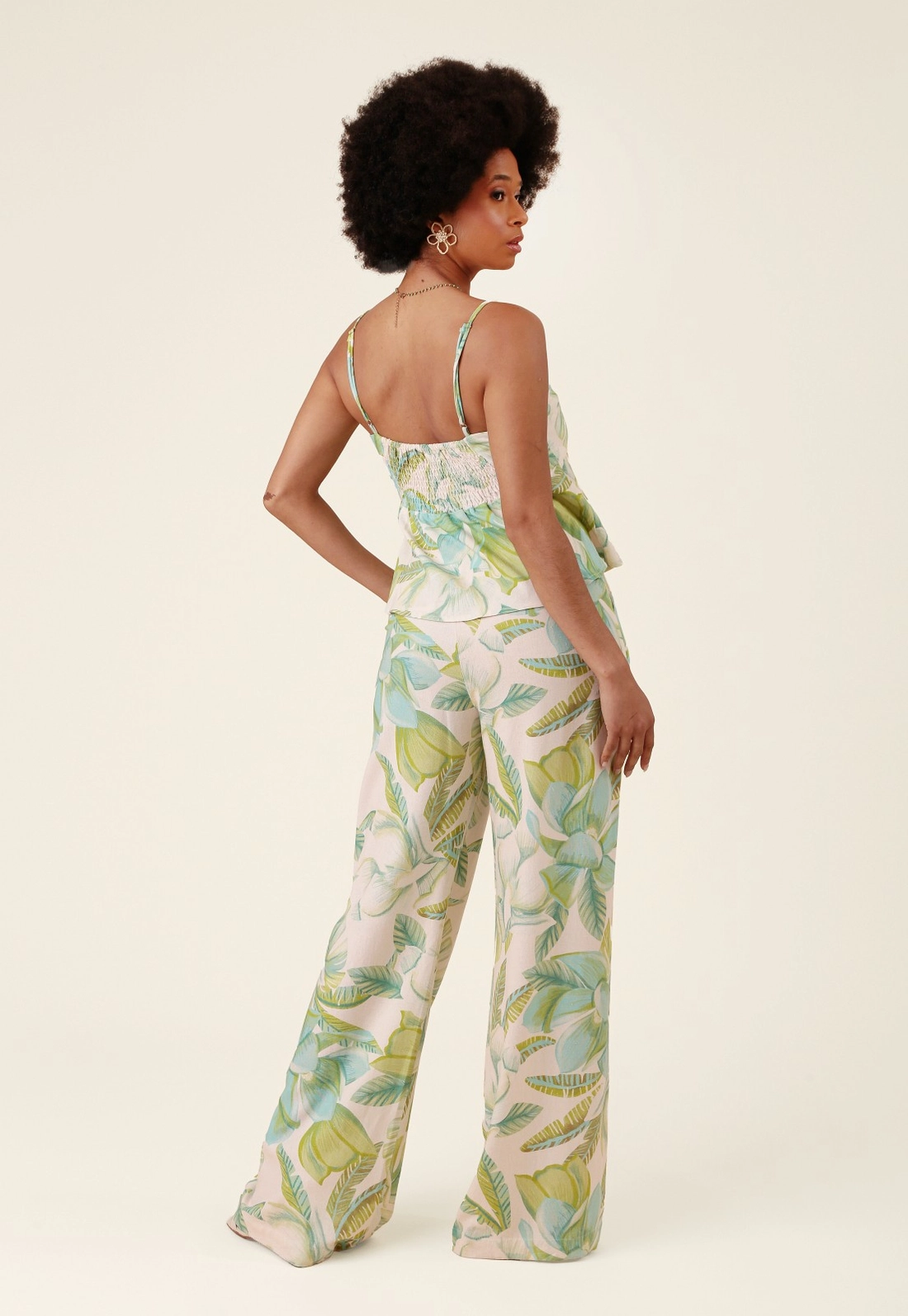 Calça Pantalona Em Linho Estampada Flor da Ilha
