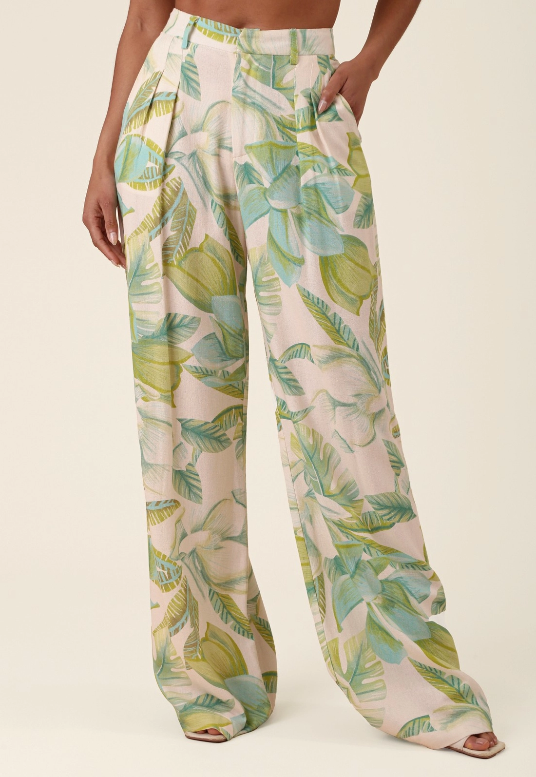 Calça Pantalona Em Linho Estampada Flor da Ilha