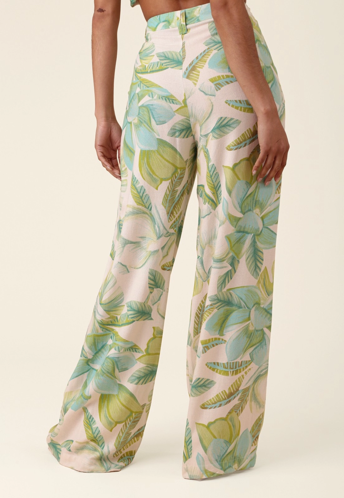 Calça Pantalona Em Linho Estampada Flor da Ilha