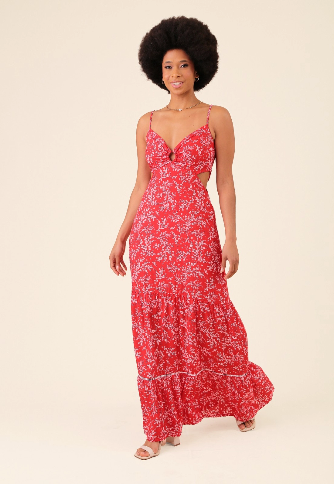 Vestido Longo Em Viscose Liberty Alça E Abertura Lateral