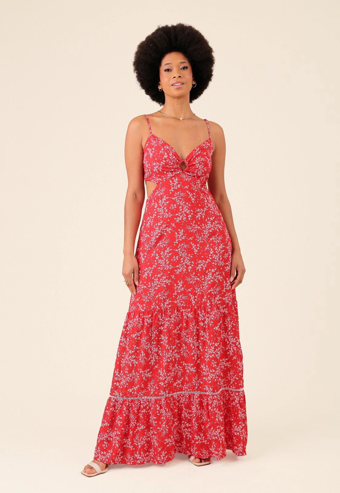 Vestido Longo Em Viscose Liberty Alça E Abertura Lateral