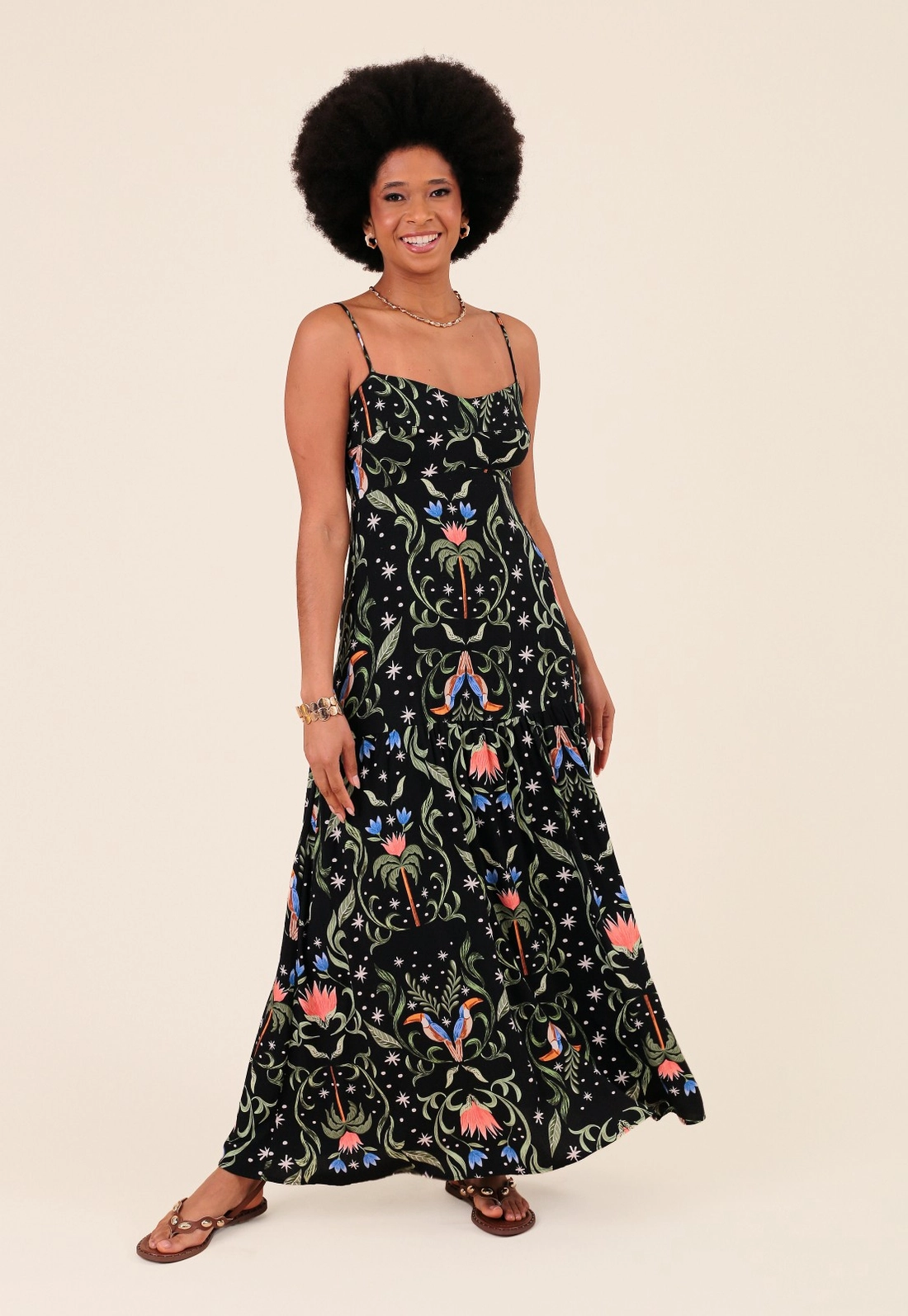 Vestido Midi Alça Em Viscose Viscose Estampada Tucano Tropical