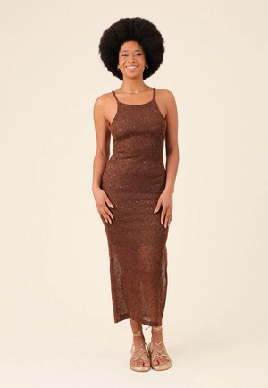 Vestido Midi Em Malha Tricô Com Paetê Cava Americana