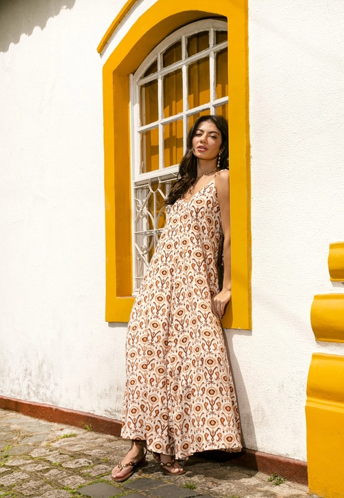 Vestido Longo Em Viscose Estampada Boho
