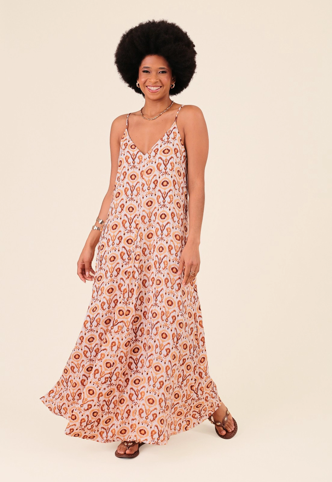 Vestido Longo Em Viscose Estampada Boho