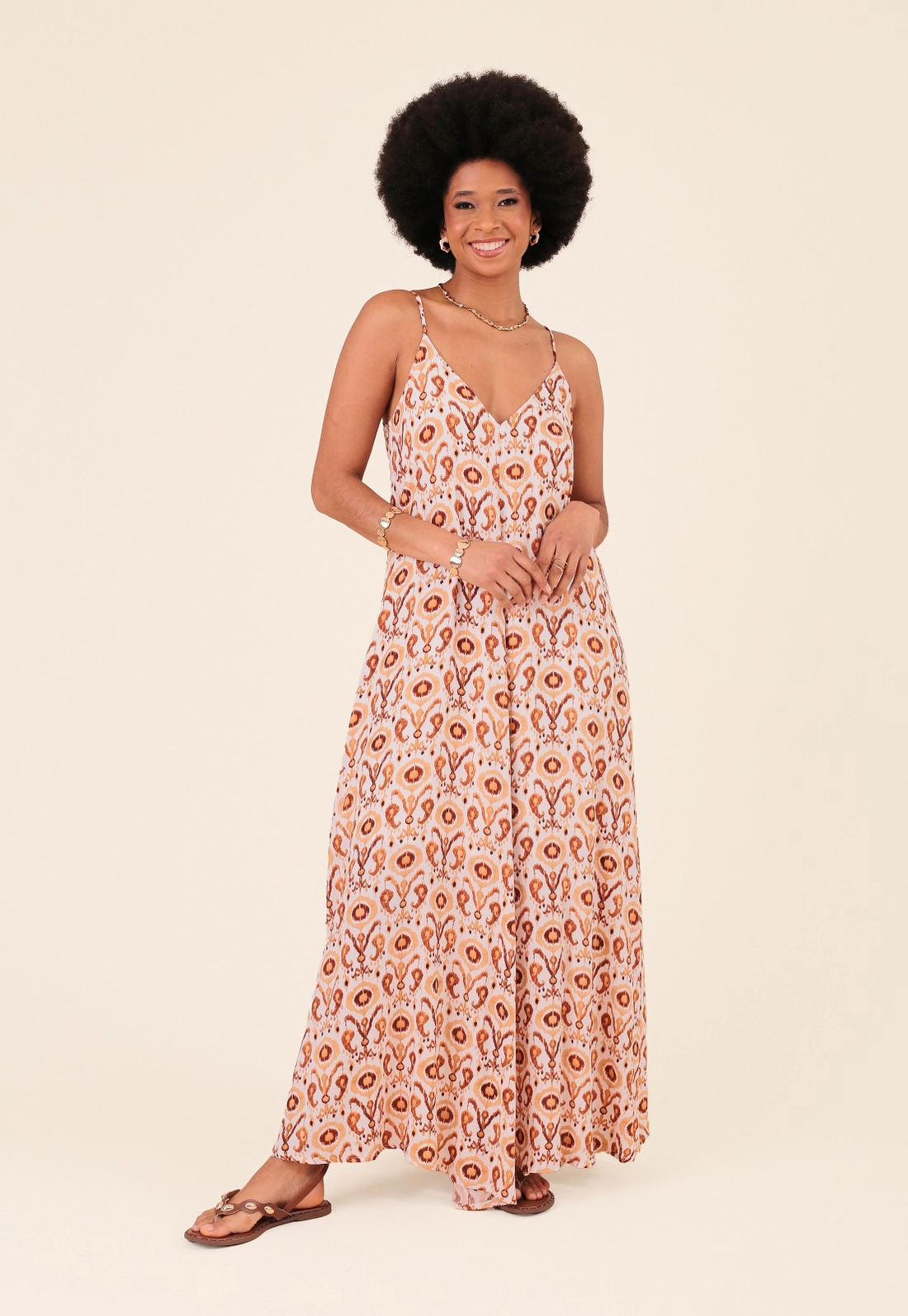 Vestido Longo Em Viscose Estampada Boho