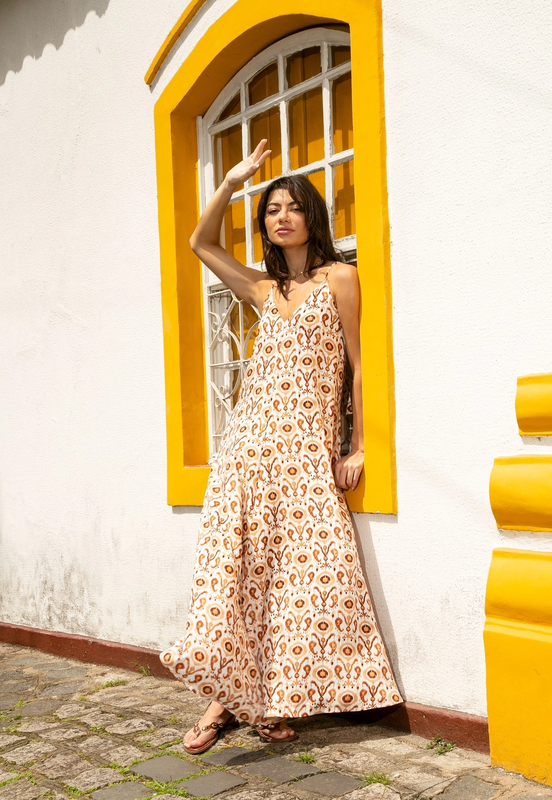 Vestido Longo Em Viscose Estampada Boho