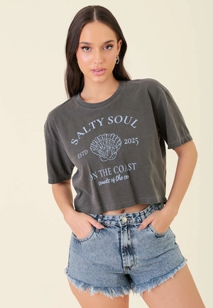 T-Shirt Cropped Em Meia Malha Estonada Salty Soul